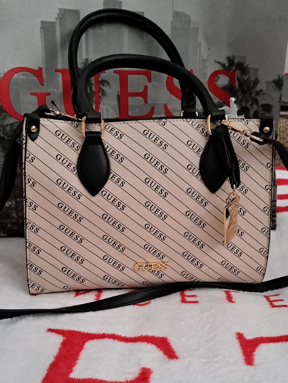 GUESS Pink Diagonal Logo Satchel with Black Trim